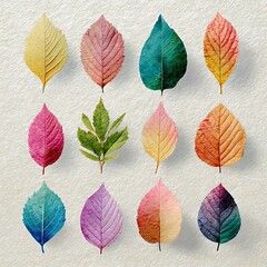 Obraz premium a group of watercolor-style autumn leaves in pastel tones on textured paper, hand-drawn look, space in upper left for writing,