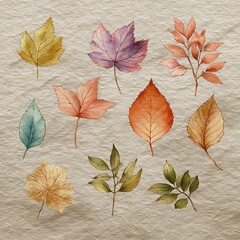 Obraz premium a group of watercolor-style autumn leaves in pastel tones on textured paper, hand-drawn look, space in upper left for writing,