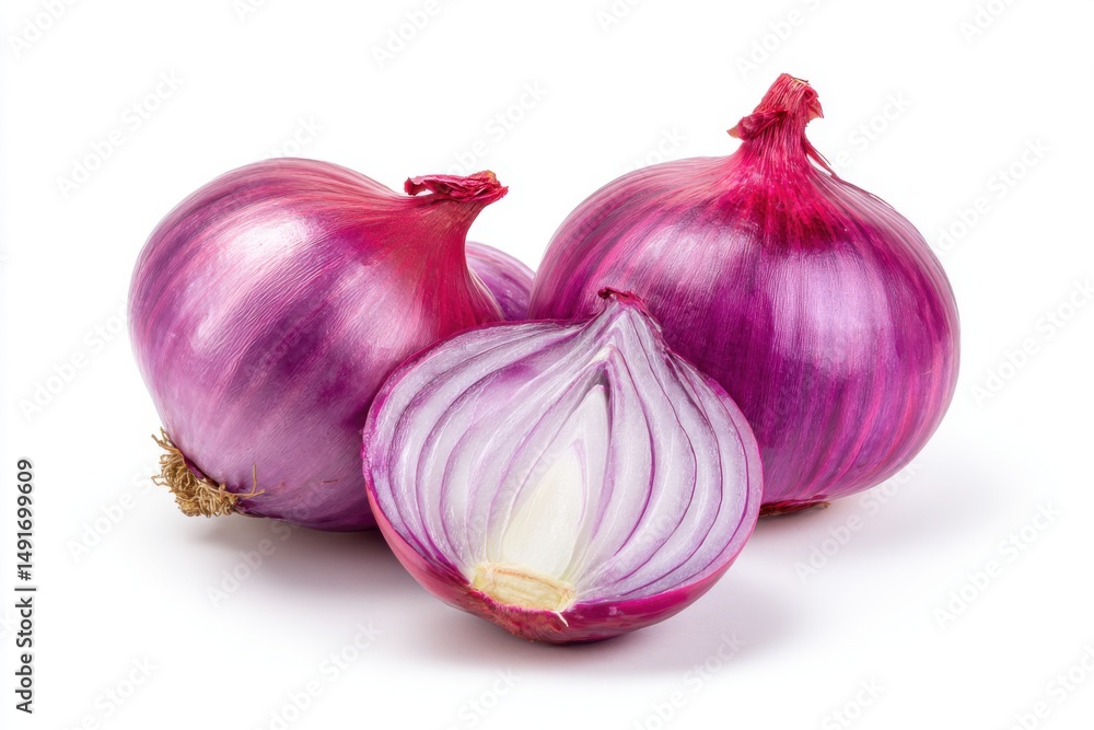Poster close-up of red onions on white background showing one cut in half in studio shot for culinary use