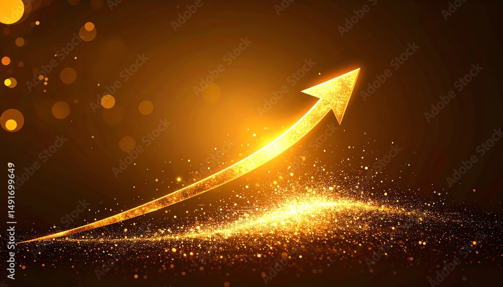 Poster a glowing golden arrow points upward, surrounded by shimmering particles and soft bokeh lights, symb