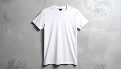 A plain white t-shirt displayed against a textured gray background, showcasing its simple design and versatility