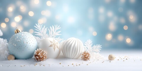 Three white and blue Christmas ornaments resting on a snowy surface with soft natural lighting.