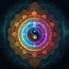 Yin Yang symbol glowing in vibrant rainbow colors within intricate mandala design spiritual art