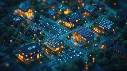 Aerial view of a modern, sustainable neighborhood at night.  Houses with solar panels are lit by warm light