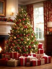 Decorated Christmas tree with wrapped presents by a cozy fireplace in a warm indoor setting.