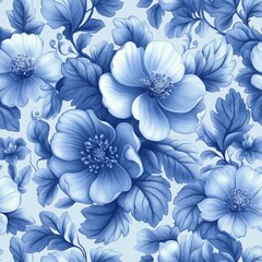 Seamless pattern of large blooming flowers with detailed petals and leaves in various shades of blue on a light blue background creating a calm and elegant floral design