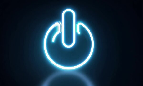 Glowing blue power button icon on dark background. 