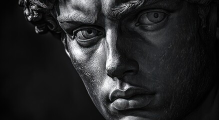 Close-up black and white photograph of a classical sculpted face with intense gaze and detailed textured surface