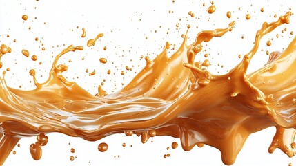 Dynamic caramel splash against a white background, showcasing its rich, golden-brown hue and viscous texture