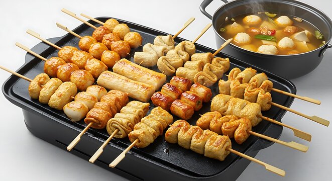 A sizzling flat grill with assorted Korean odeng (fish cake skewers) and broth pot, skewers arranged in center on a white isolated background, 8k quality

