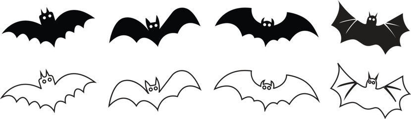 Black silhouette bat flat, outline icons set. Halloween symbols for holiday horror night. Vectors cartoon illustration. Flying vampire bat collection. Scary and creepy trick or treat party decoration.