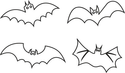Black silhouette bat outline icons set. Halloween symbols for holiday horror night. Vectors cartoon illustration. Flying vampire bat collection. Scary and creepy trick or treat party decoration.