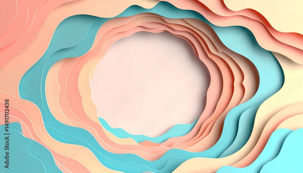 Poster abstract layered design with soft pastel colors creating a wavy, three-dimensional effect, evoking a