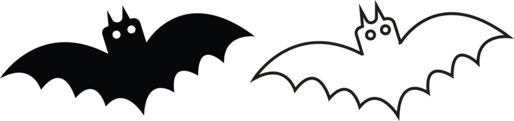 Black silhouette bat flat, outline icons set. Halloween symbols for holiday horror night. Vectors cartoon illustration. Flying vampire bat collection. Scary and creepy trick or treat party decoration.