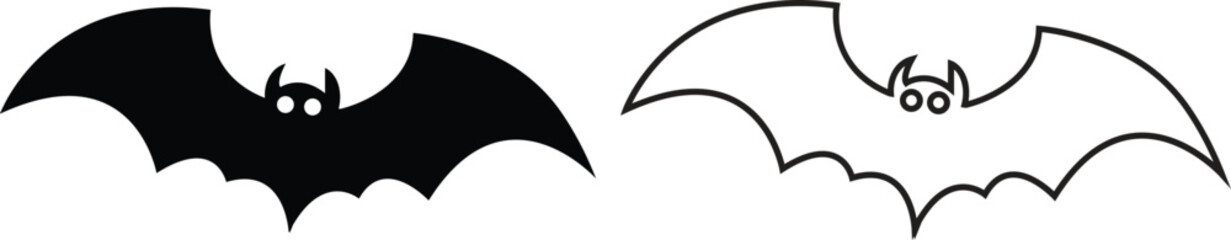 Black silhouette bat flat, outline icons set. Halloween symbols for holiday horror night. Vectors cartoon illustration. Flying vampire bat collection. Scary and creepy trick or treat party decoration.