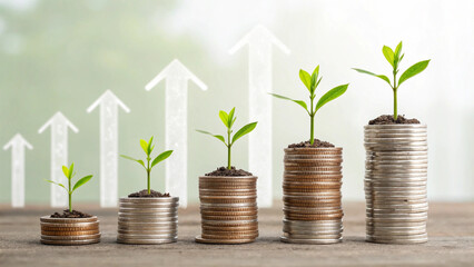 Financial Growth Concept – Stacks of Coins with Seedlings Representing Investment Success