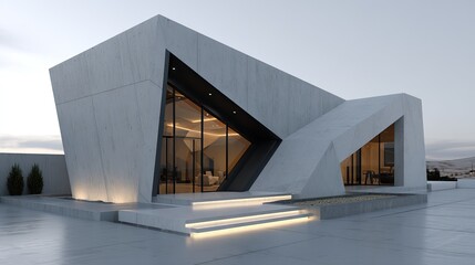 Modern Concrete Home Geometric Design with Luxury Villa Exterior, and Sky Background.