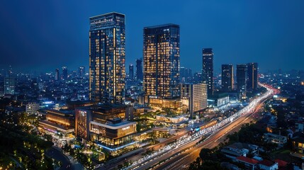 Fototapeta premium Illuminated city skyline at night, showcasing modern skyscrapers.