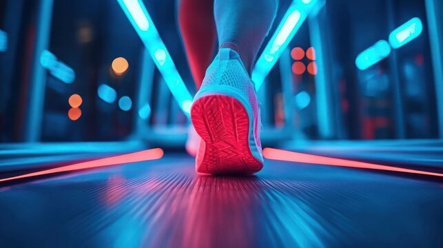 Close-up of a person walking on a treadmill illuminated by vibrant blue and red neon lights creating a futuristic and energetic atmosphere
