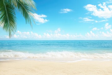 Tropical beach paradise scene with ocean waves and palm tree against a blue sky