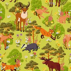 vector drawing summer seamless pattern with with flowers, animals and trees, hand drawn illustration