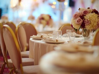 Hall decorated for wedding ceremony. Round chairs and tables for guests, served with cutlery and flowers.