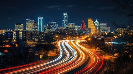 Obraz premium Nighttime cityscape view of a city's highway.