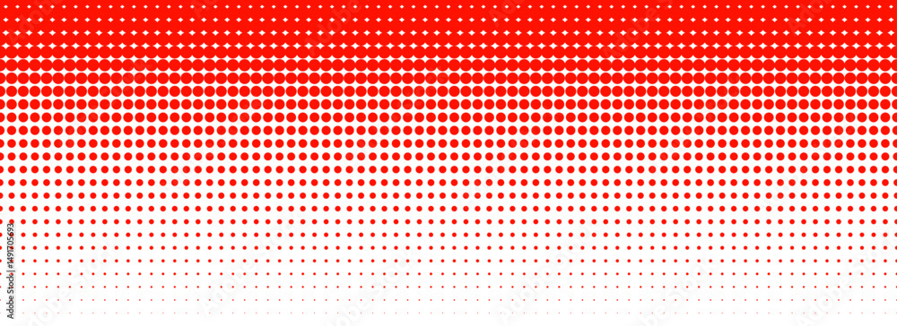 Poster red color halftone gradient texture. vanishing cartoon polka dot background. repeating dotted gradat
