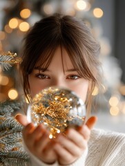 Naklejka premium Young girl holding a snow globe near a decorated Christmas tree with warm indoor lighting.
