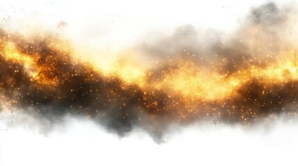 Fototapeta premium Abstract image of swirling fire and smoke against a white background, showing fiery orange and yellow hues mixed with dark grey smoke