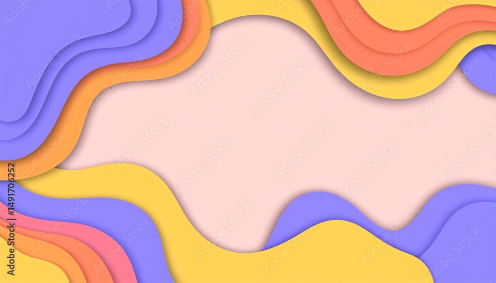 Poster a vibrant, abstract design featuring layered waves in pastel colors, creating a dynamic and playful 