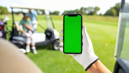 A golfer holds a green screen smartphone in a golf cart with a scenic course view, perfect for app or product mockups.
