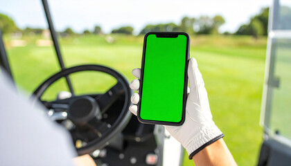 A golfer holds a green screen smartphone in a golf cart with a scenic course view, perfect for app or product mockups.