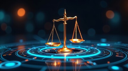 Golden Scales of Justice on Futuristic Technology Interface
