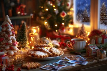 Christmas cookies arranged on a table with a decorated Christmas tree in the background, festive holiday scene.