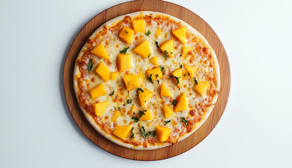 A round pizza with mango and cheese on top, against a white background