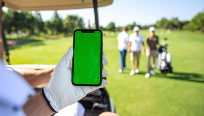 A golfer holds a green screen smartphone in a golf cart with a scenic course view, perfect for app or product mockups.