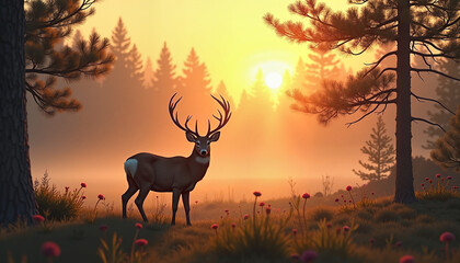 Deer standing peacefully in a misty forest at sunrise
