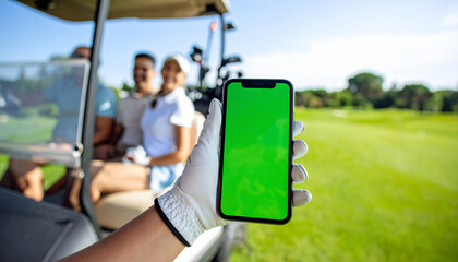 A golfer holds a green screen smartphone in a golf cart with a scenic course view, perfect for app or product mockups.