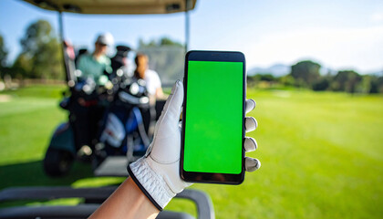 A golfer holds a green screen smartphone in a golf cart with a scenic course view, perfect for app or product mockups.