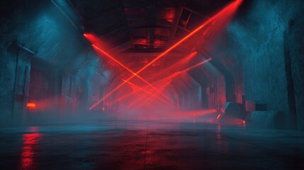 Futuristic tunnel, illuminated by vibrant red and blue laser beams.  Dark, misty atmosphere