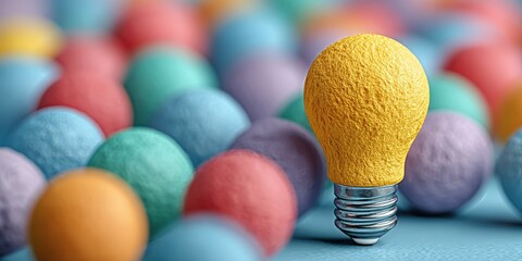 Golden Idea Bulb: A radiant yellow light bulb illuminates, surrounded by a sea of colorful spheres, symbolizing unique ideas and creative innovation.