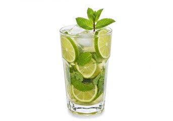 Refreshing mojito cocktail with lime slices and mint in a tall glass cup drink