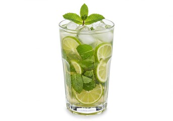Refreshing mojito cocktail with lime and mint in a tall glass on white background