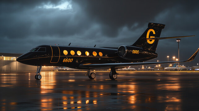 A sleek black private jet with the gold logo G650 parked at an airport in New York City