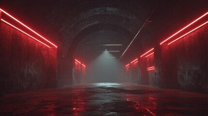 Dark tunnel with red neon lights