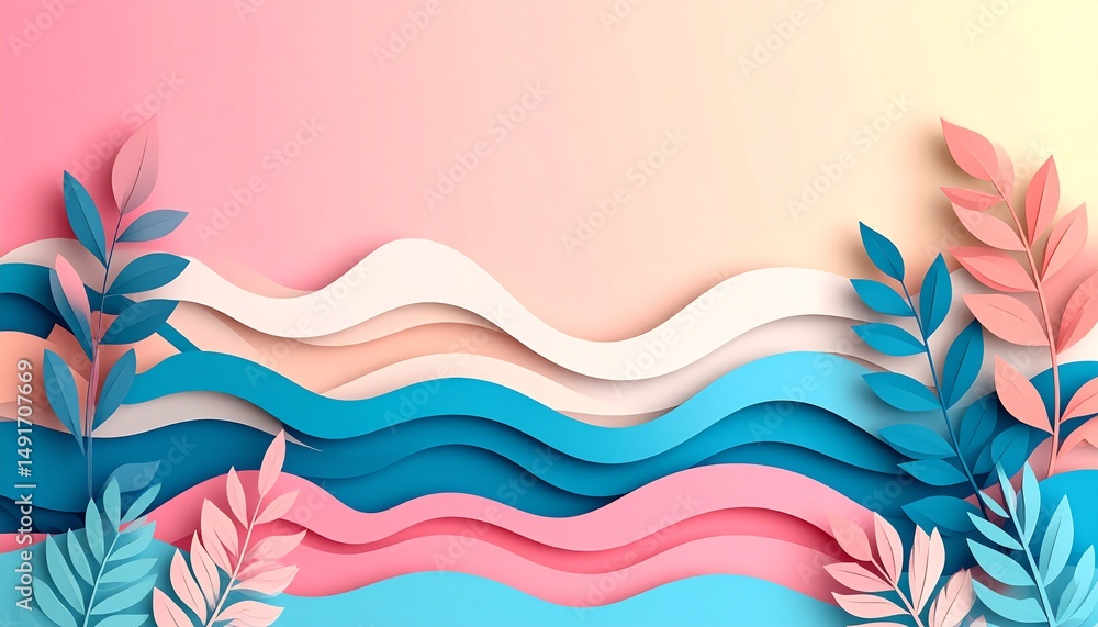 Poster abstract layered design featuring waves and foliage in soft pastel colors, creating a serene and art