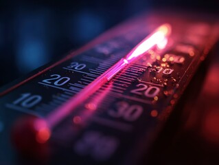Thermometer shows higt temperatures in celsius or farenheit.