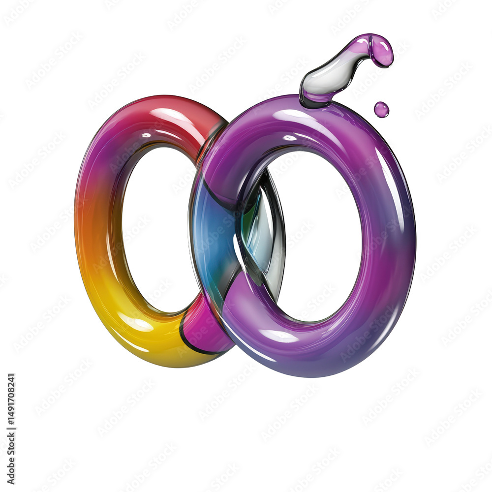 Poster colorful intertwined s made of glossy reflective material with a splash effect on a plain background