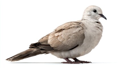 A Collared Dove with pale gray plumage and black neck ring, perched gracefully, centered on a clean white backdrop, detailed feather texture, neutral lighting, high-resolution image